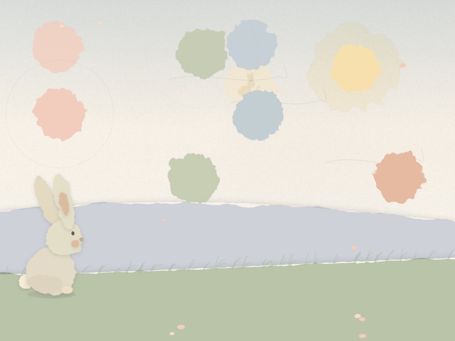 Soft pastel washes above a paper bunny on a green hill.