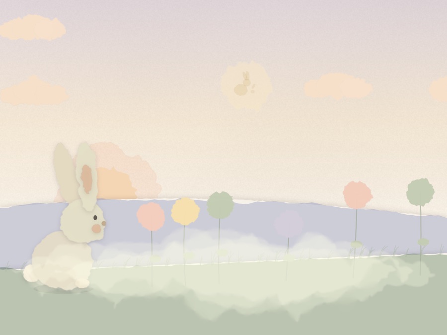Bunny in a spring meadow beneath peach clouds and low mist.