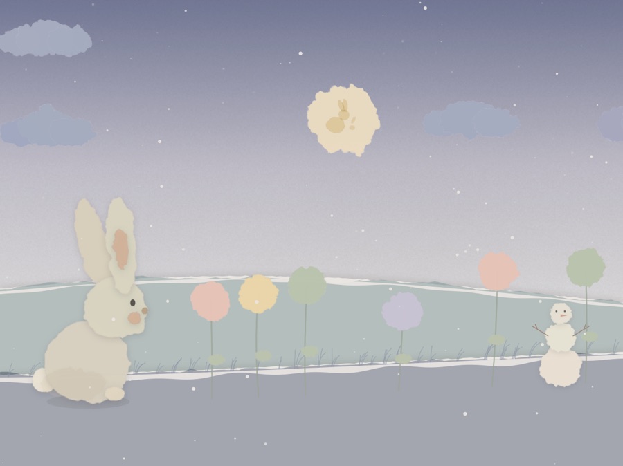 A snowman beside bunny beneath a crescent moon and softly falling snow.