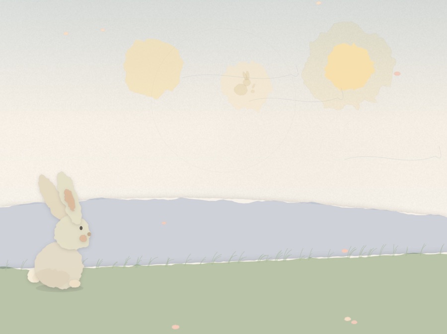A yellow pebble hangs in the sky while the bunny watches.